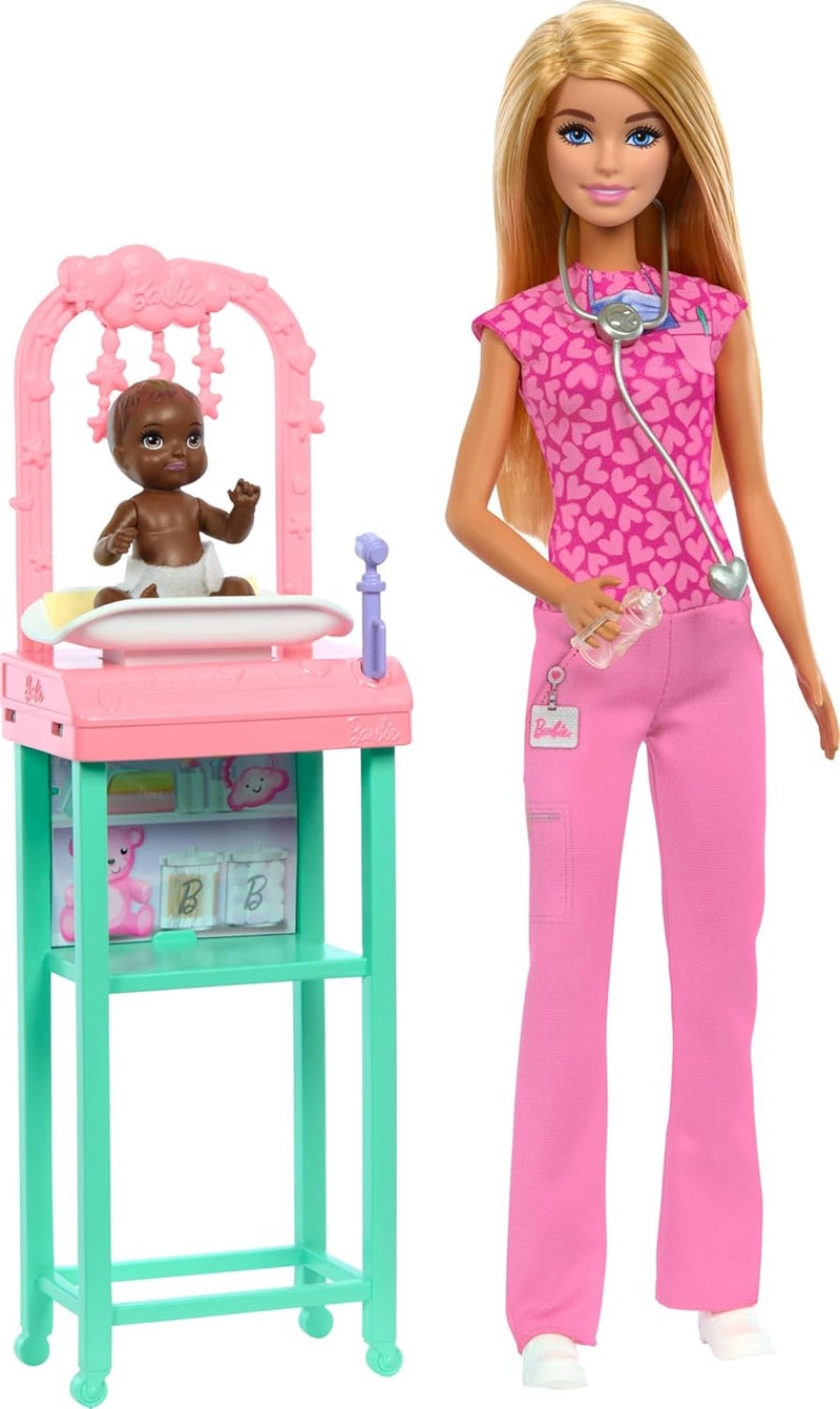 Barbie ​Barbie Baby Doctor Doll with Blonde Fashion Wearing Pink Scrubs, with Accessories & Furniture - Image 1
